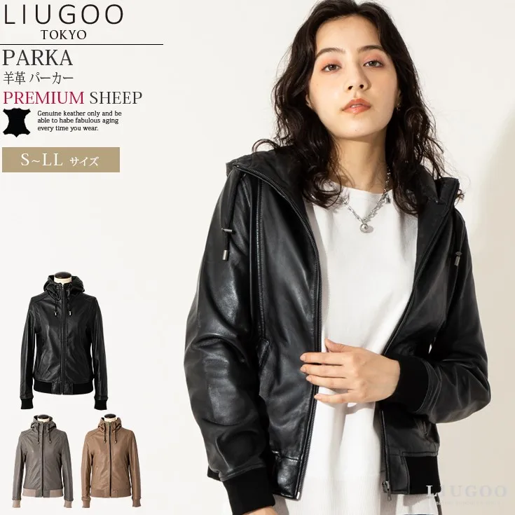 Liugoo Leathers レザーハイネックパーカー レディース