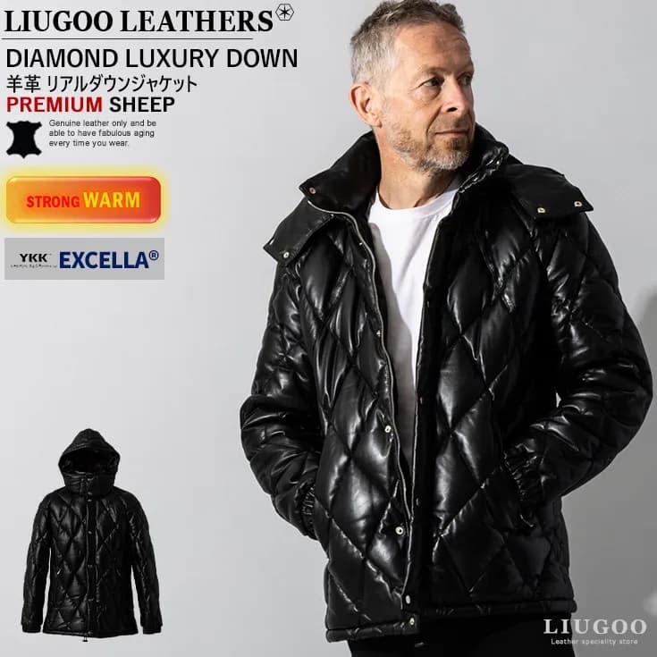 Liugoo Leathers ダイヤモンドキルト レザーダウンジャケット メンズ