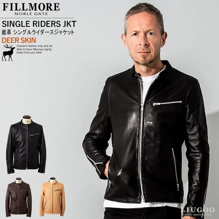 Liugoo Leathers ディアスキンシングルライダースジャケット メンズ