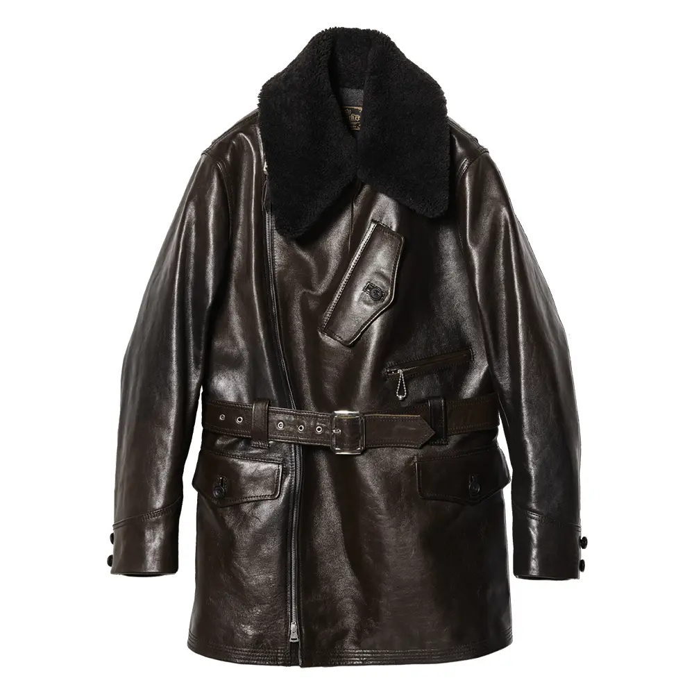 Y'2 LEATHER HAND DYED HORSE '40s BELTED GERMAN MOTORCYCLE HALF COAT