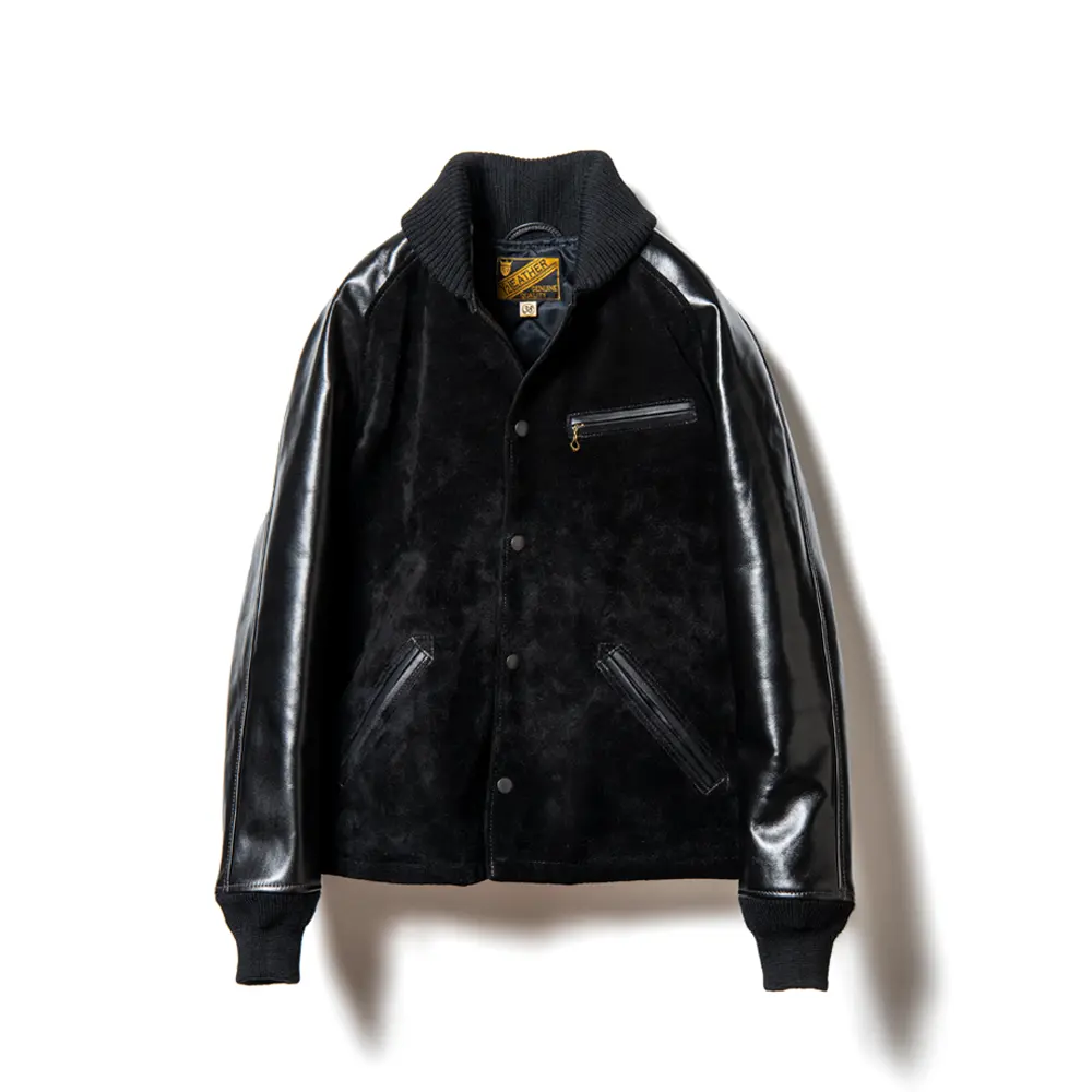 Y'2 LEATHER STEER ROUGHOUT & VINTAGE HORSE LIGHT VARSITY JACKET